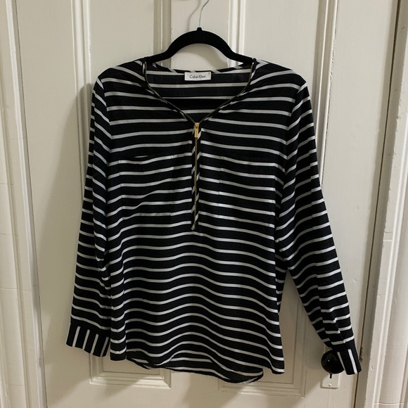 Calvin Klein Tops - Calvin Klein Blouse Top with Zipper Details, Stripped, Black, Women's Medium